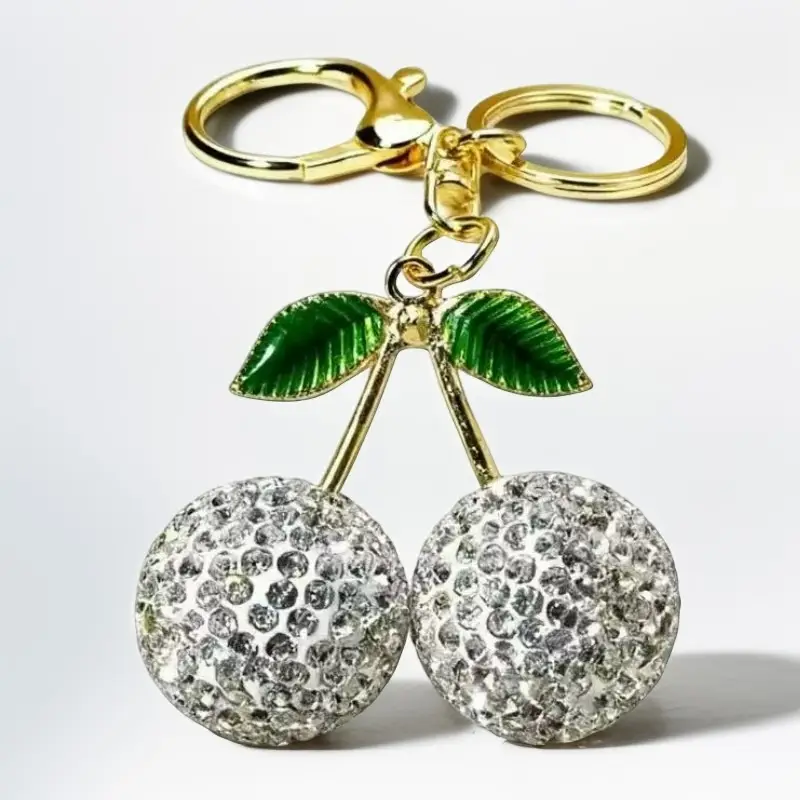 Pink Cherry Keychain with Diamonds & Leaf Design - Image 8