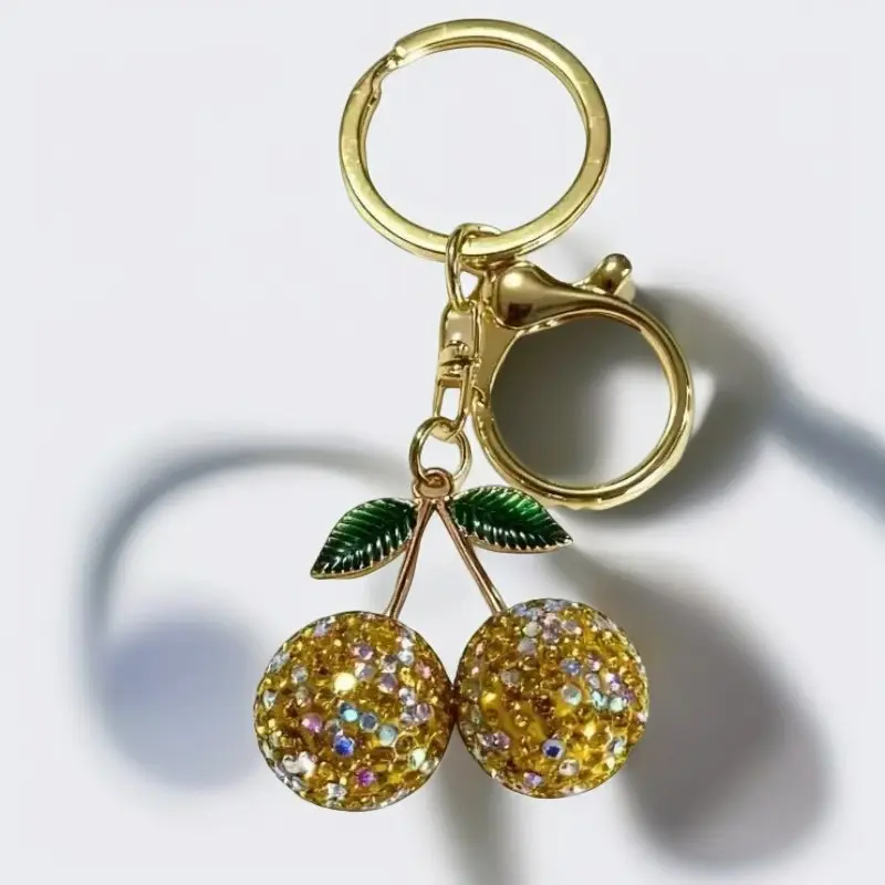 Pink Cherry Keychain with Diamonds & Leaf Design - Image 9