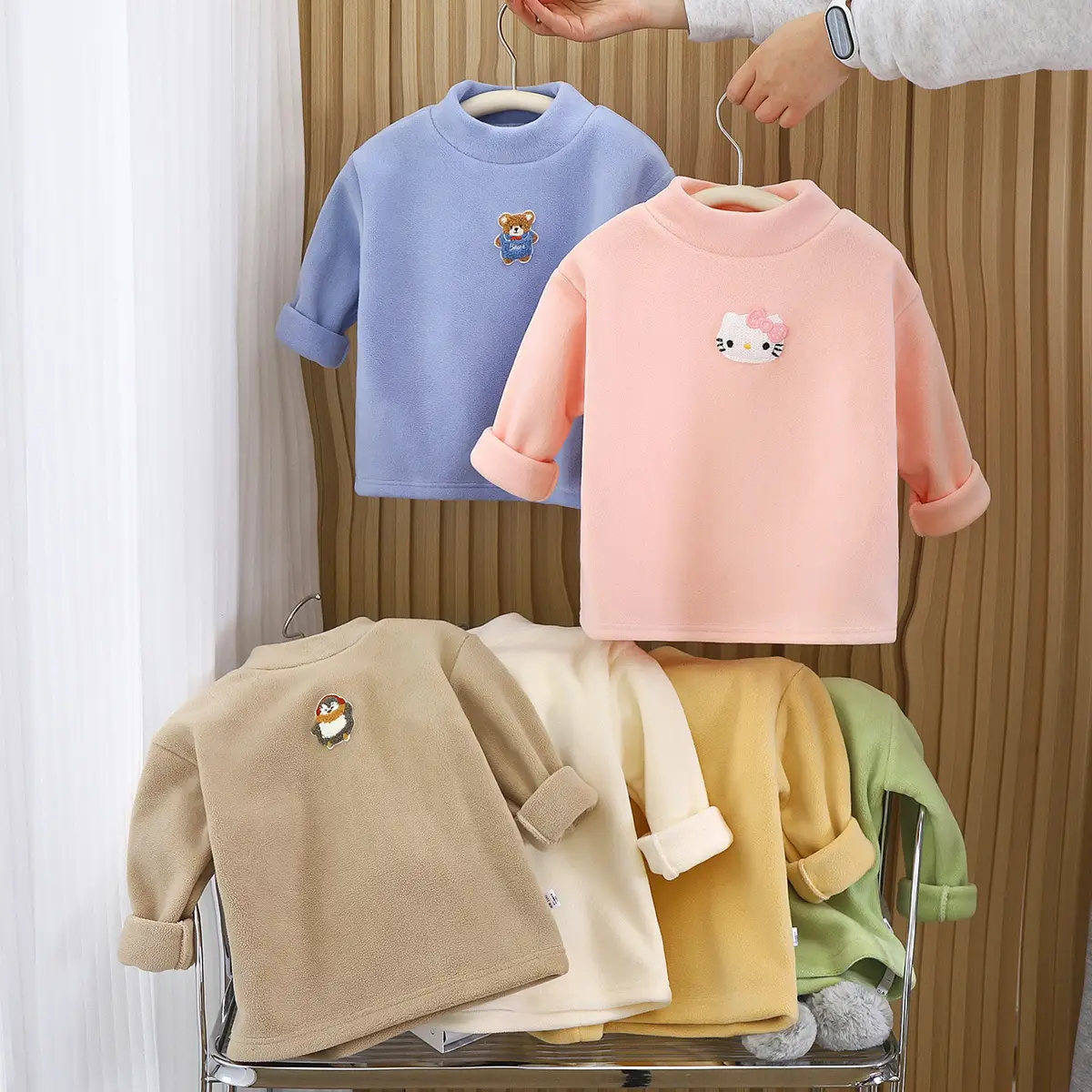 Blue Fleece Lined Warm T-Shirt for Boys Girls — feature 1