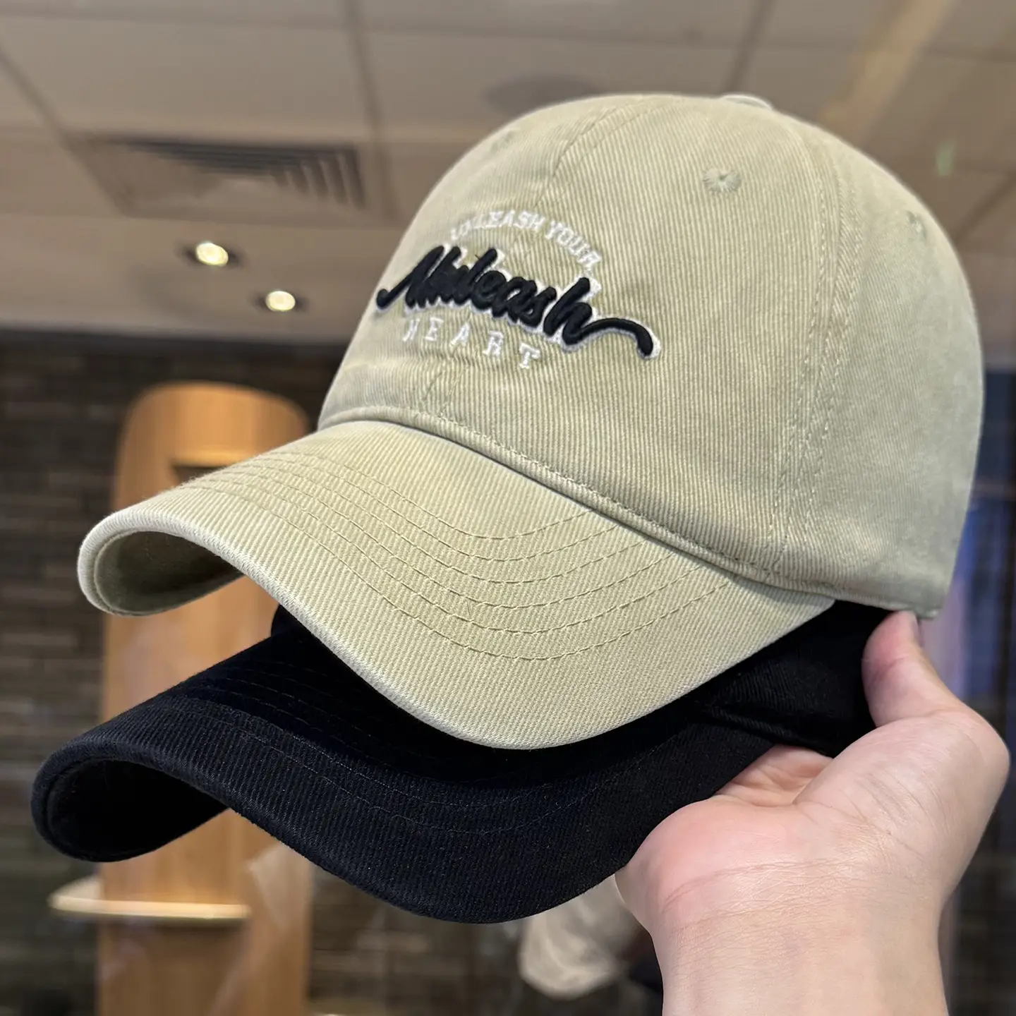 Women Letter Embroidered Baseball Cap Beige Wide Bristle — feature 1