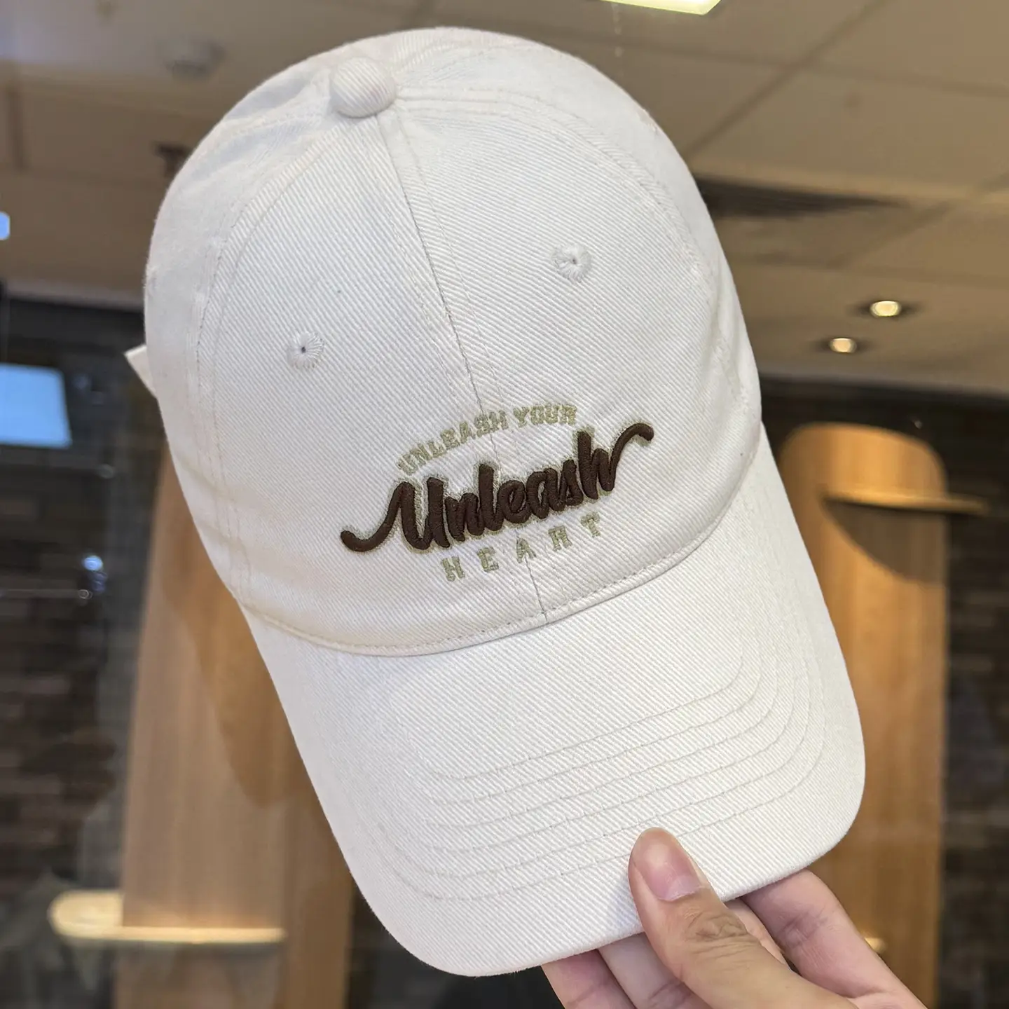 Women Letter Embroidered Baseball Cap Beige Wide Bristle - Image 2