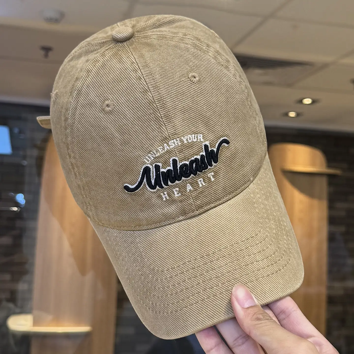 Women Letter Embroidered Baseball Cap Beige Wide Bristle - Image 3