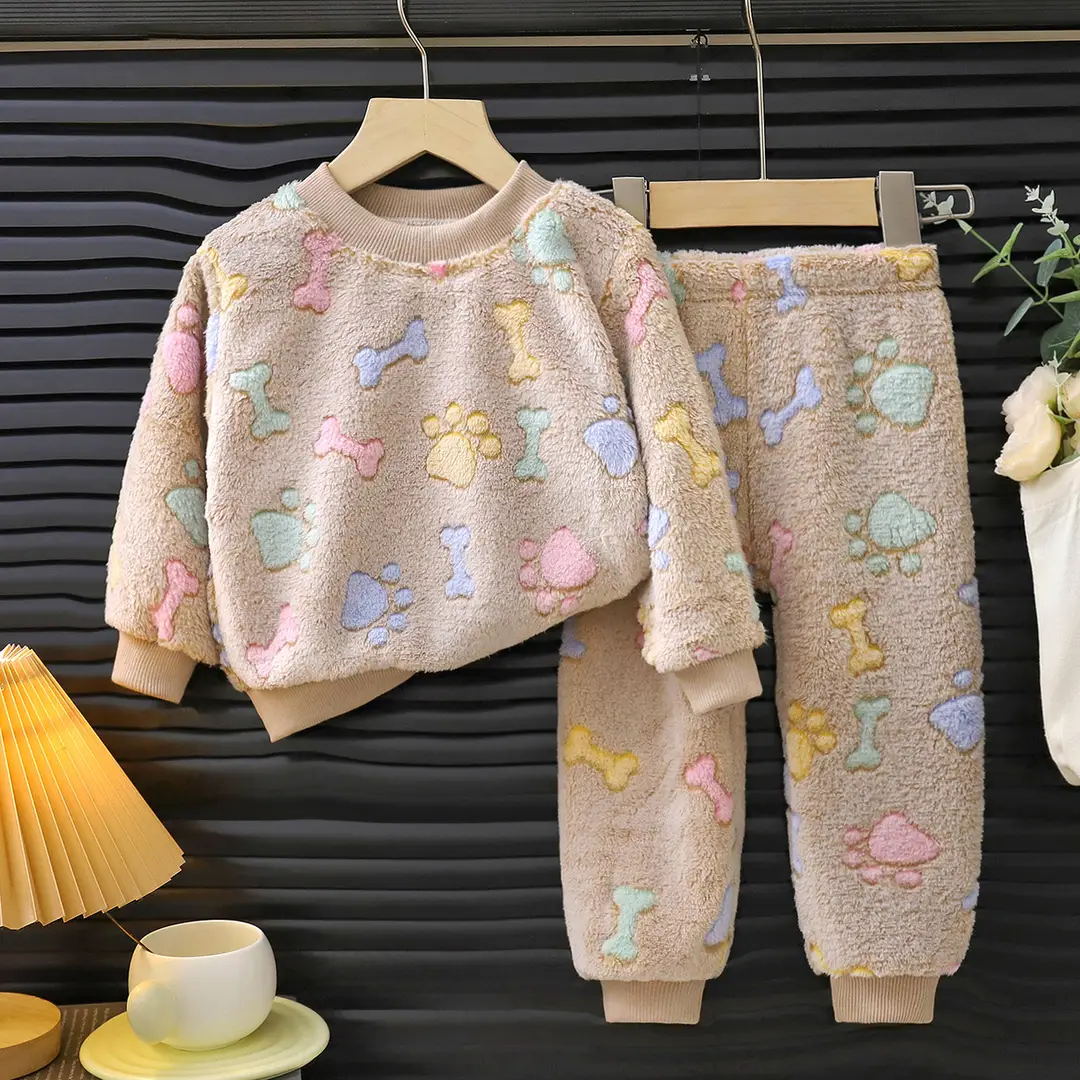 Children's Pajamas Set Winter New Style Boys' Velvet Thickeneded Flannel Girls' Warm Baby Home Clothes Kidsren's Clothing
