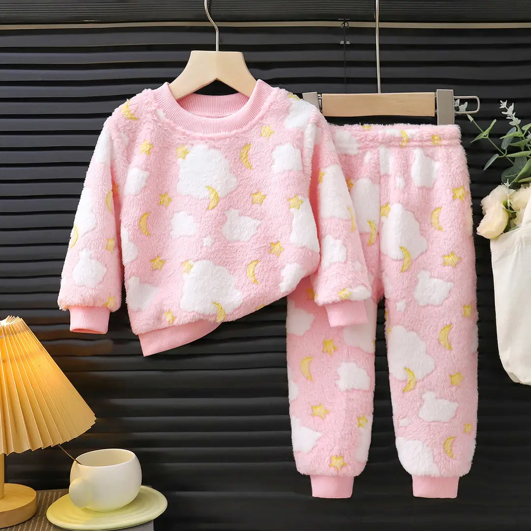 Children's Pajamas Set Winter New Style Boys' Velvet Thickeneded Flannel Girls' Warm Baby Home Clothes Kidsren's Clothing