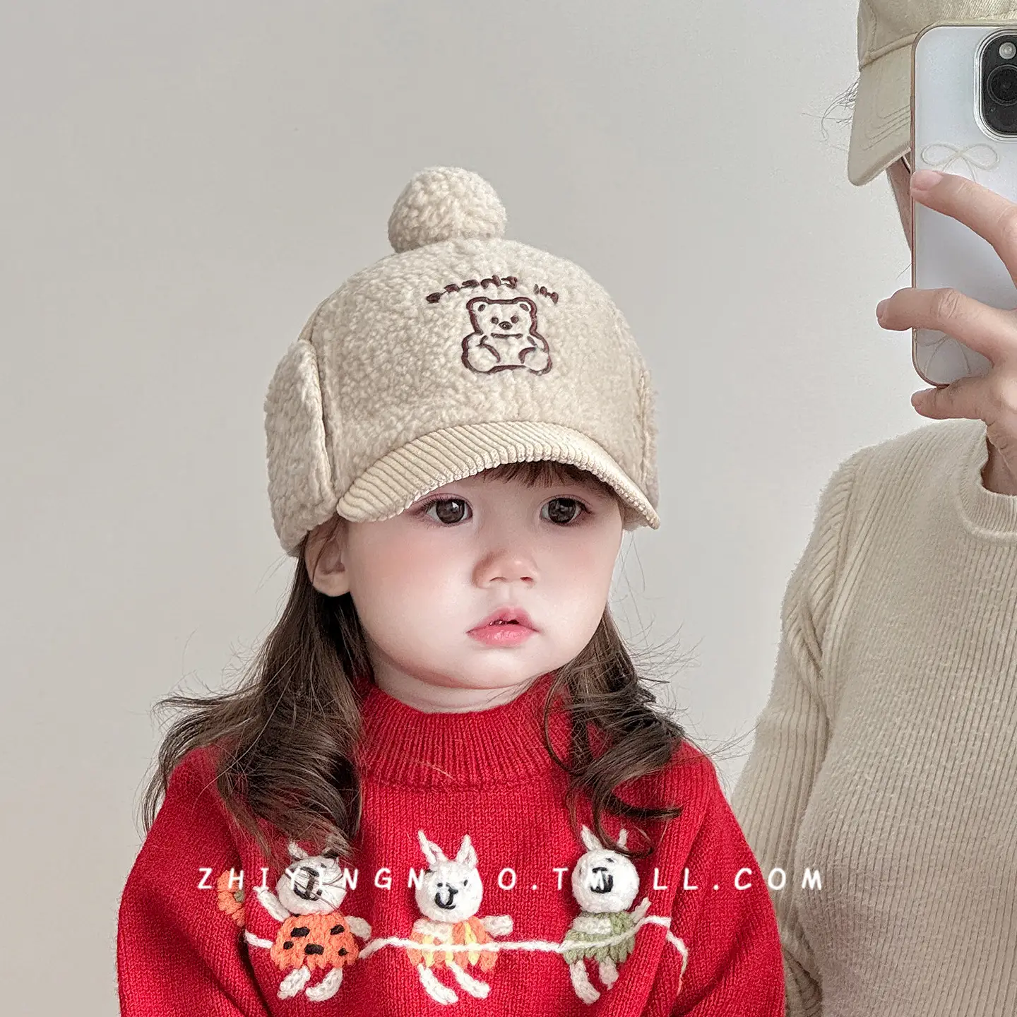 Children's Embroidered Beanie Hat Brown Beige Winter Cap - Image 8