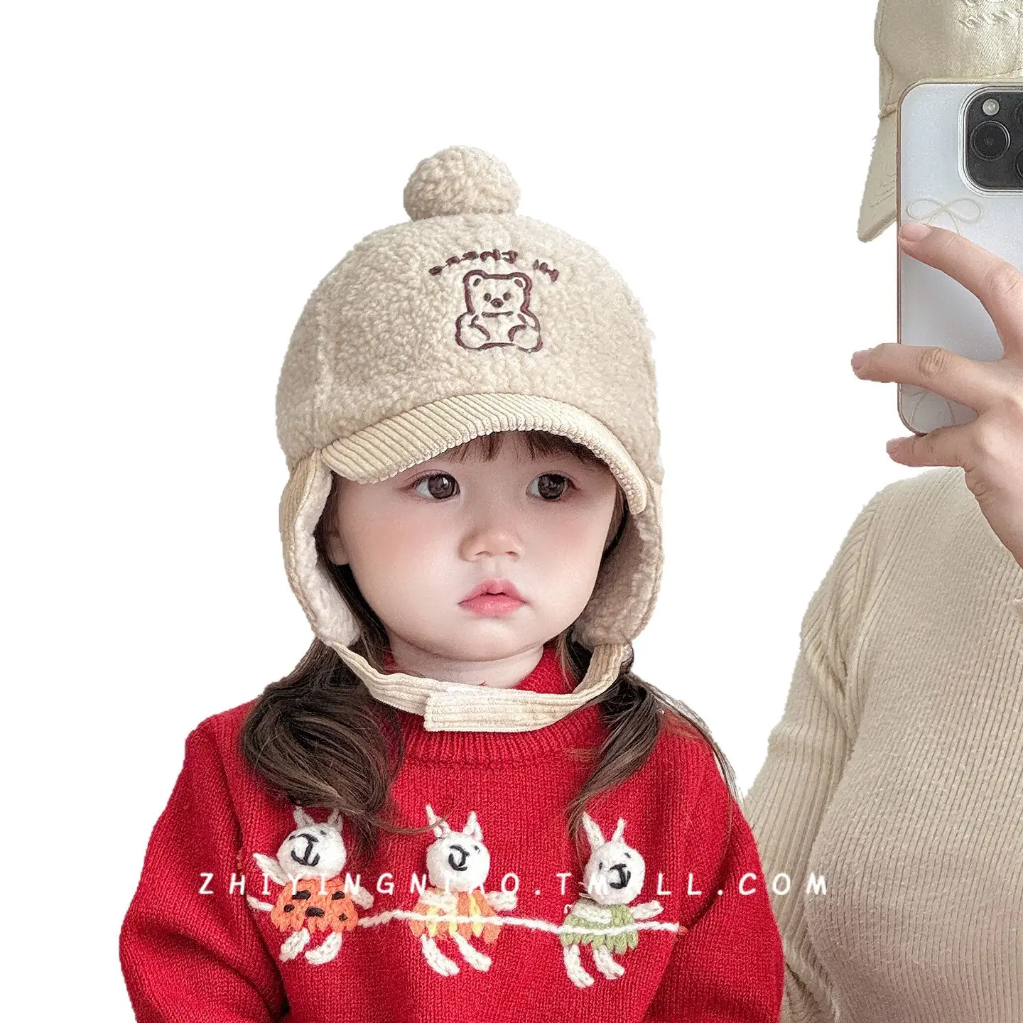 Children's Embroidered Beanie Hat Brown Beige Winter Cap - Image 11