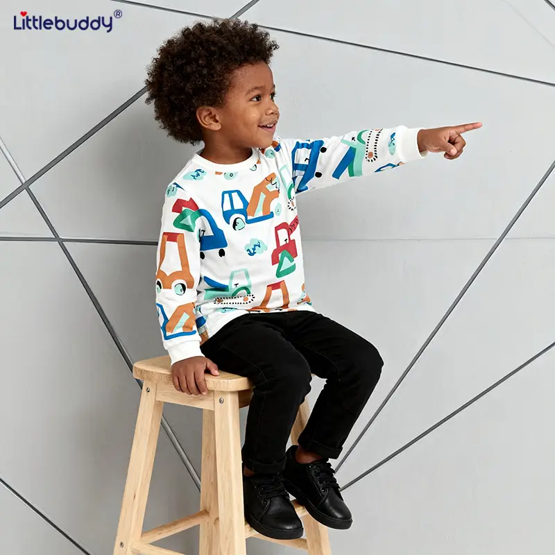 Kids Cotton T-Shirt with Car Print, Round Neck, Long Sleeve, White - Image 3