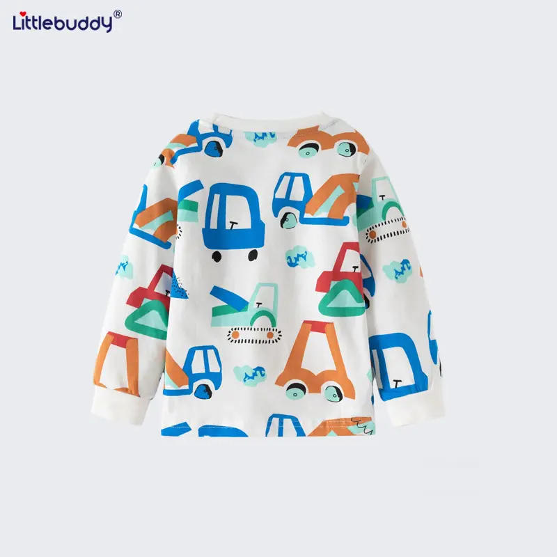 Kids Cotton T-Shirt with Car Print, Round Neck, Long Sleeve, White - Image 5