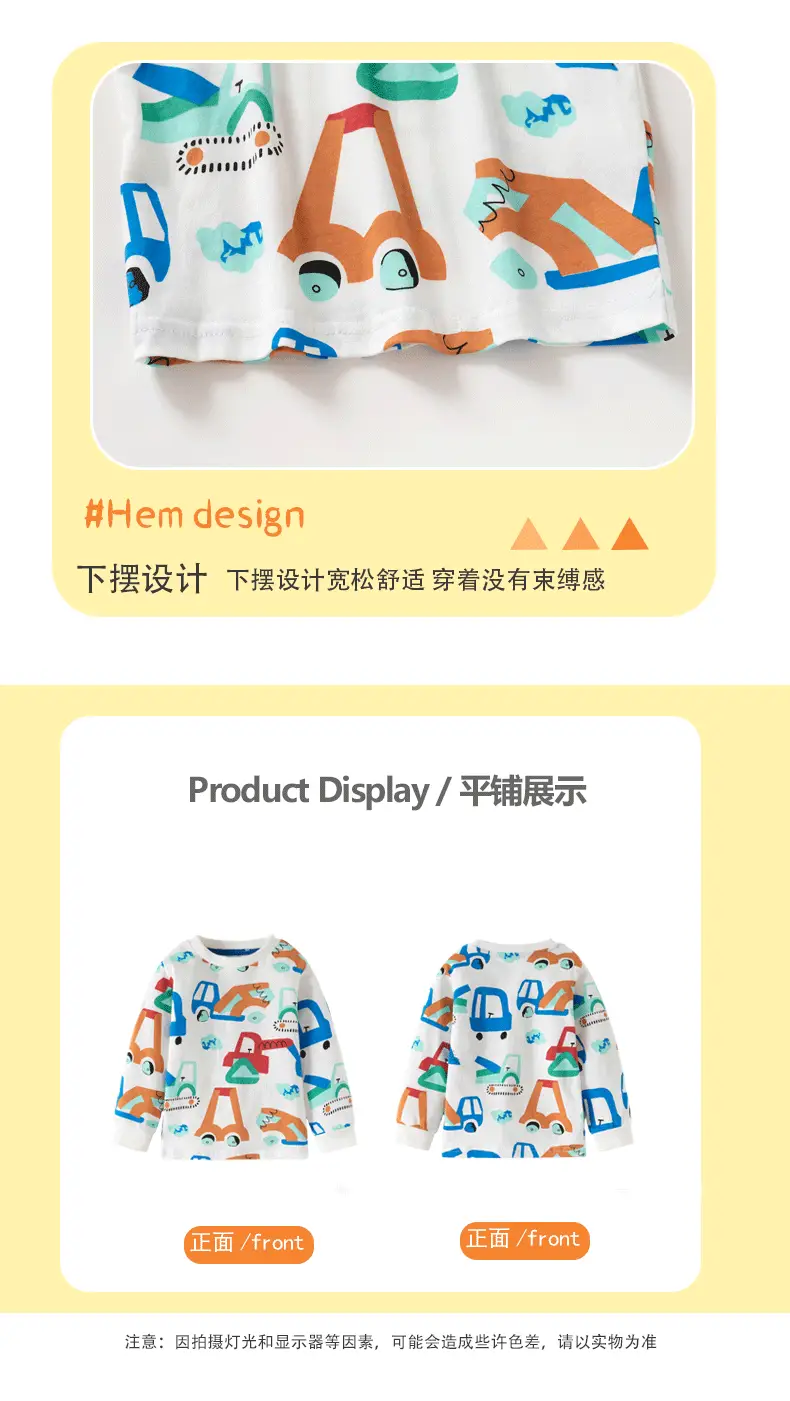 Kids Cotton T-Shirt with Car Print, Round Neck, Long Sleeve, White — feature 12