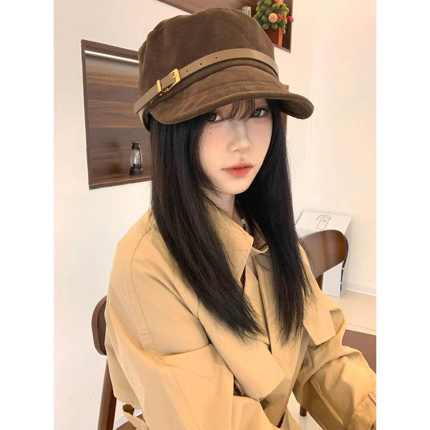 Women Suede Flat Cap with Leather Buckle Autumn Winter - Image 3