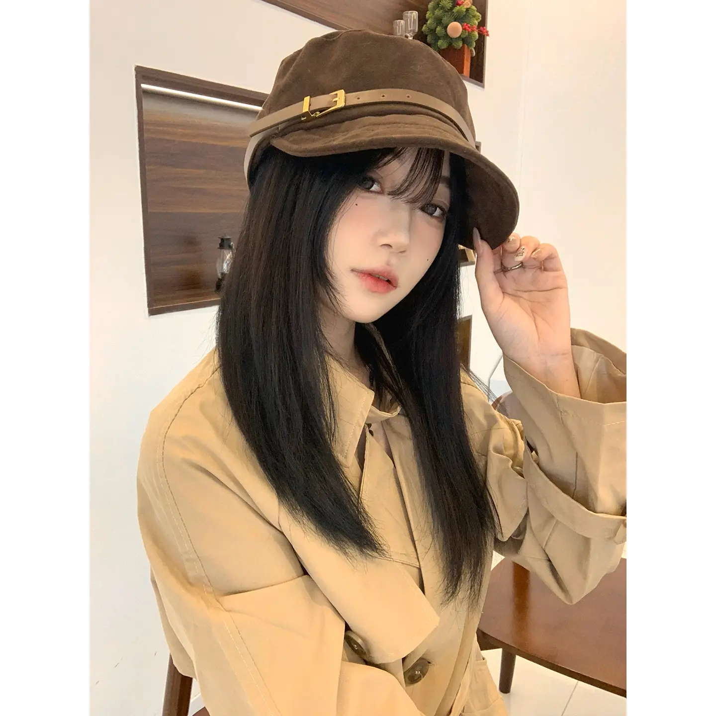 Women Suede Flat Cap with Leather Buckle Autumn Winter - Image 4