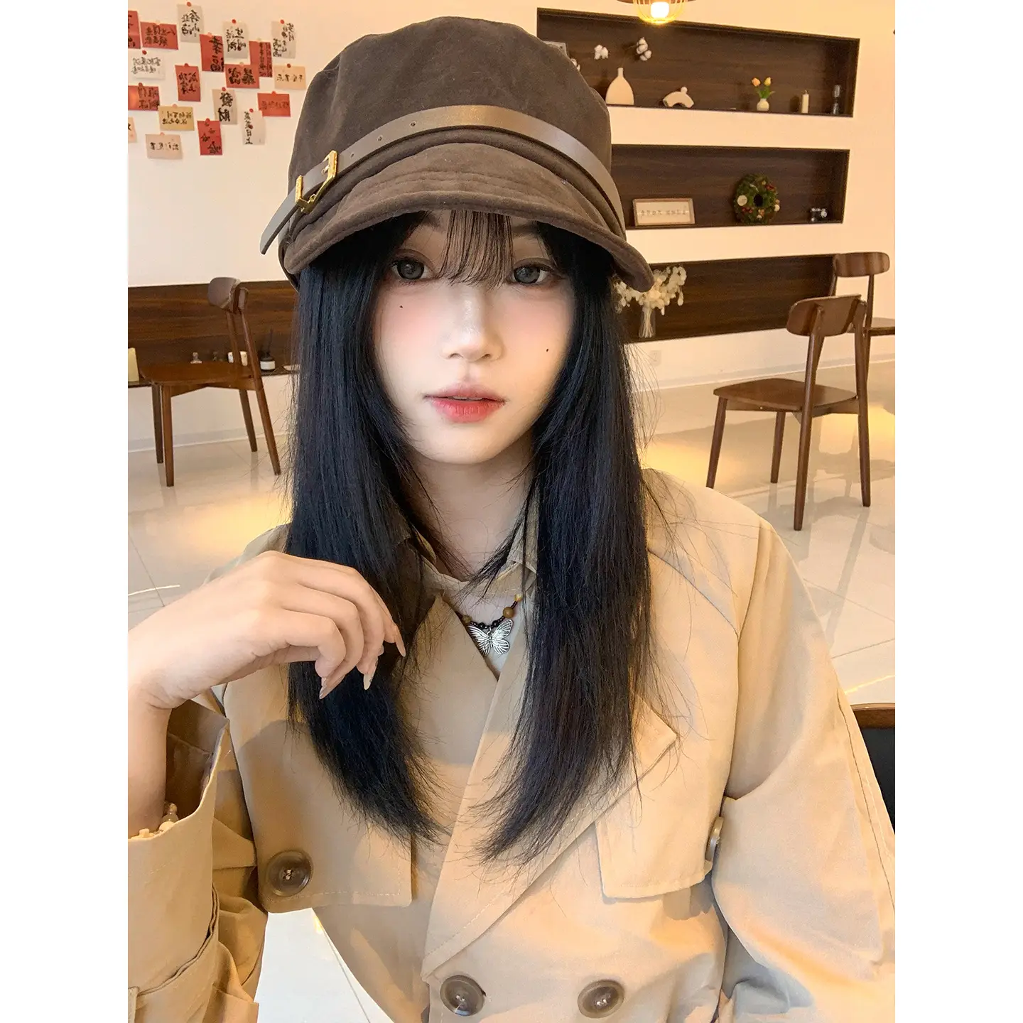 Women Suede Flat Cap with Leather Buckle Autumn Winter - Image 5