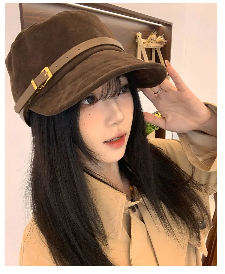 Women Suede Flat Cap with Leather Buckle Autumn Winter — feature 10