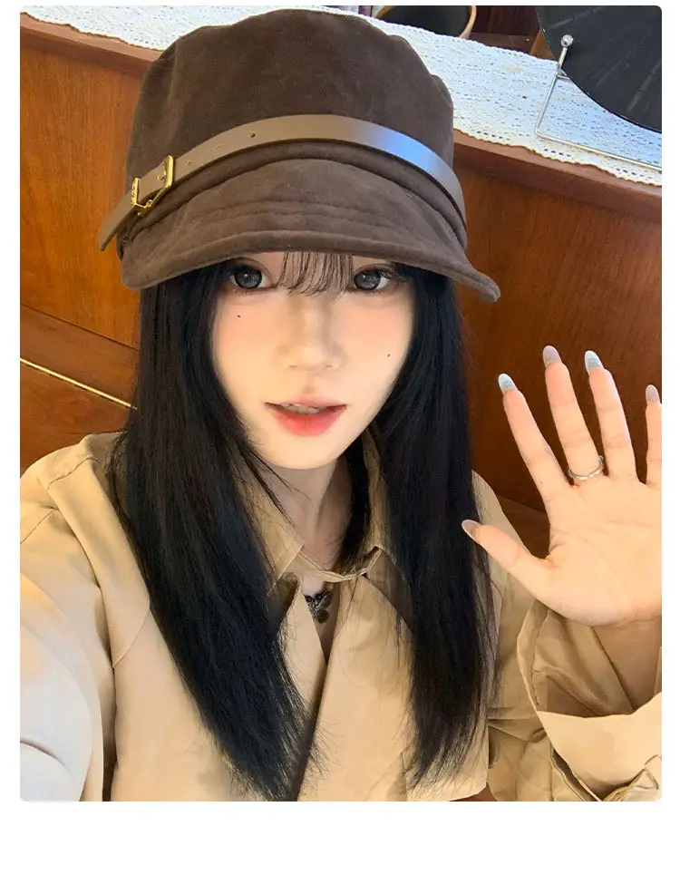 Women Suede Flat Cap with Leather Buckle Autumn Winter — feature 12