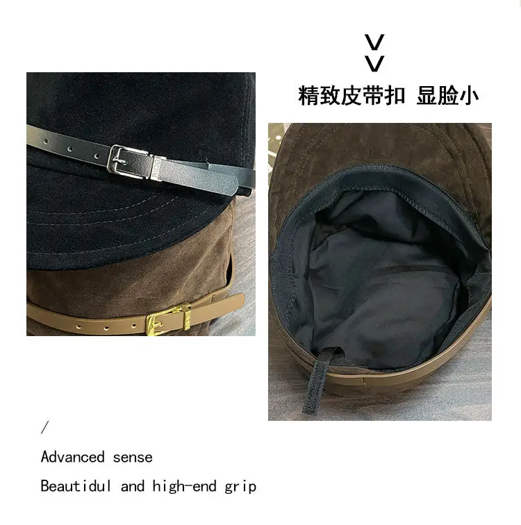 Women Suede Flat Cap with Leather Buckle Autumn Winter — feature 6