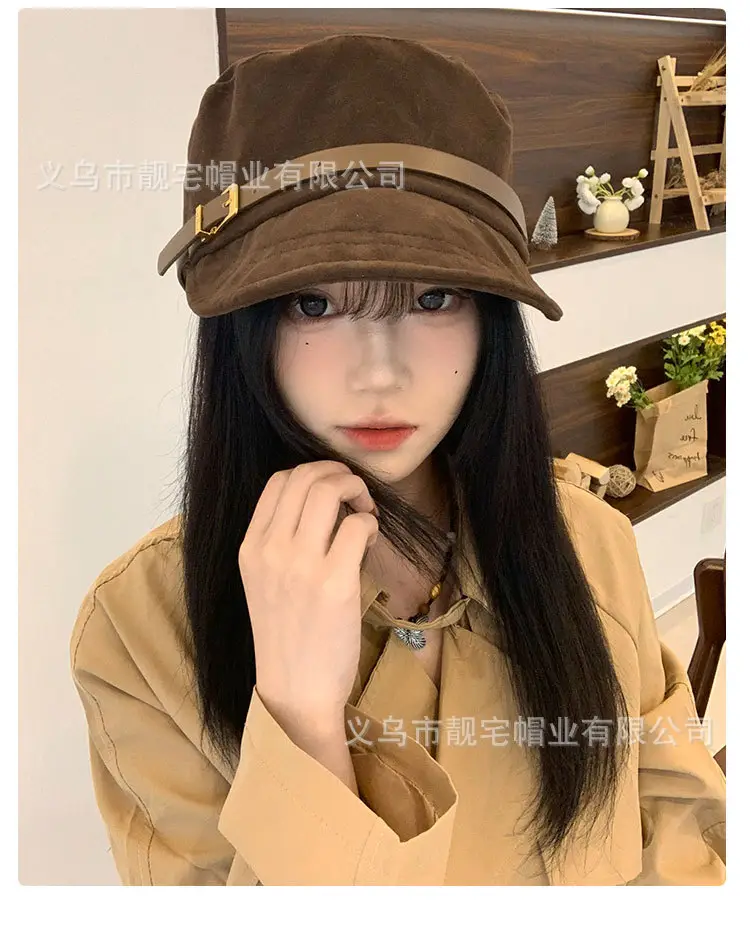 Women Suede Flat Cap with Leather Buckle Autumn Winter — feature 9
