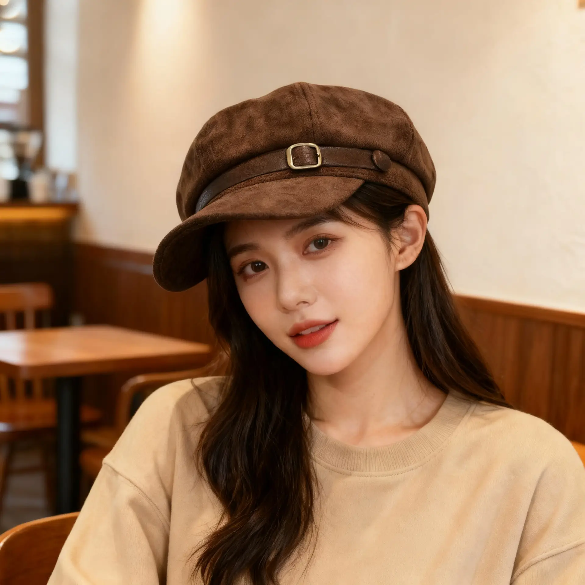Suede Retro Cap for Women Brown Duck Tongue Beret