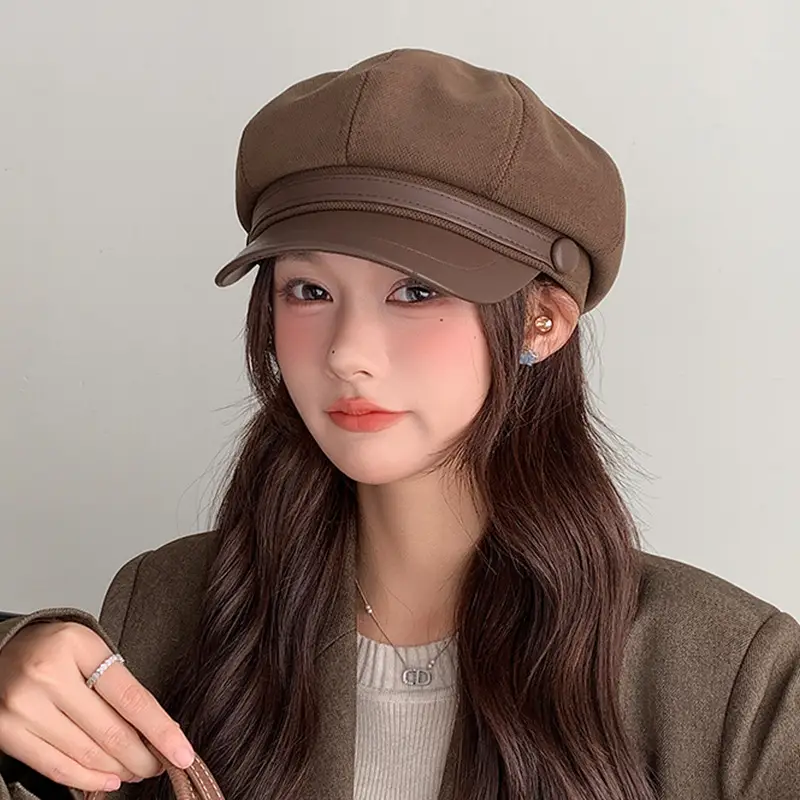 Suede Retro Cap for Women Brown Duck Tongue Beret
