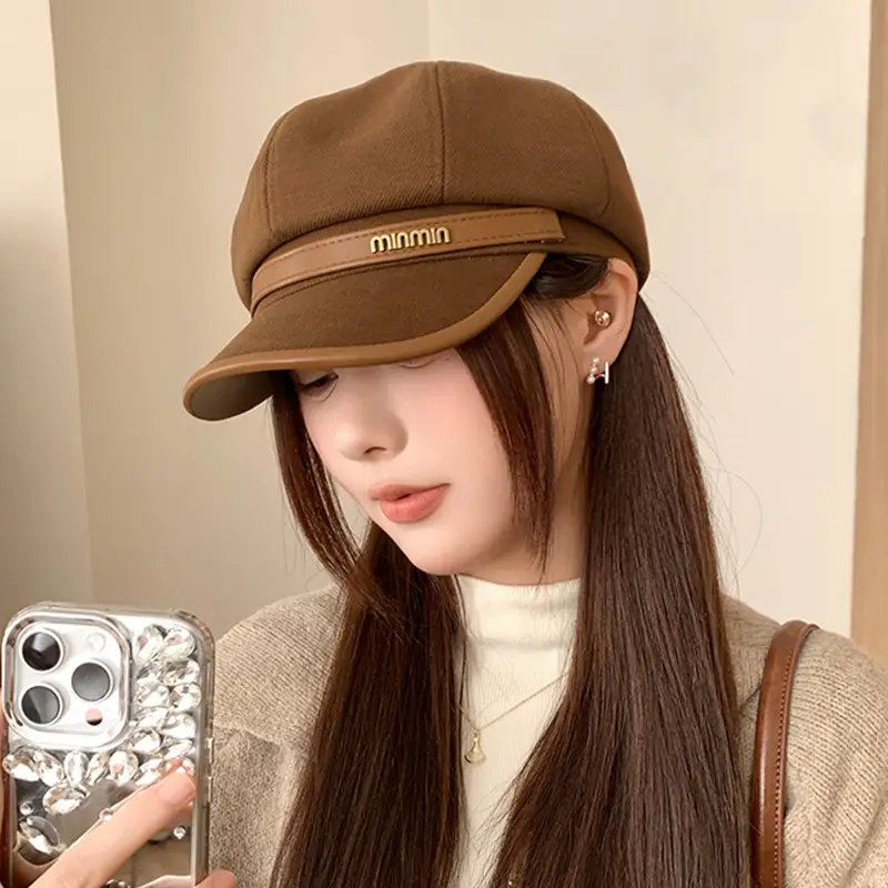 Suede Retro Cap for Women Brown Duck Tongue Beret