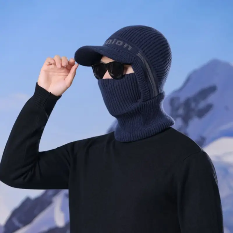 Winter Men's Black Knitted Hat with Neck Warmer & Baseball Cap - Image 6