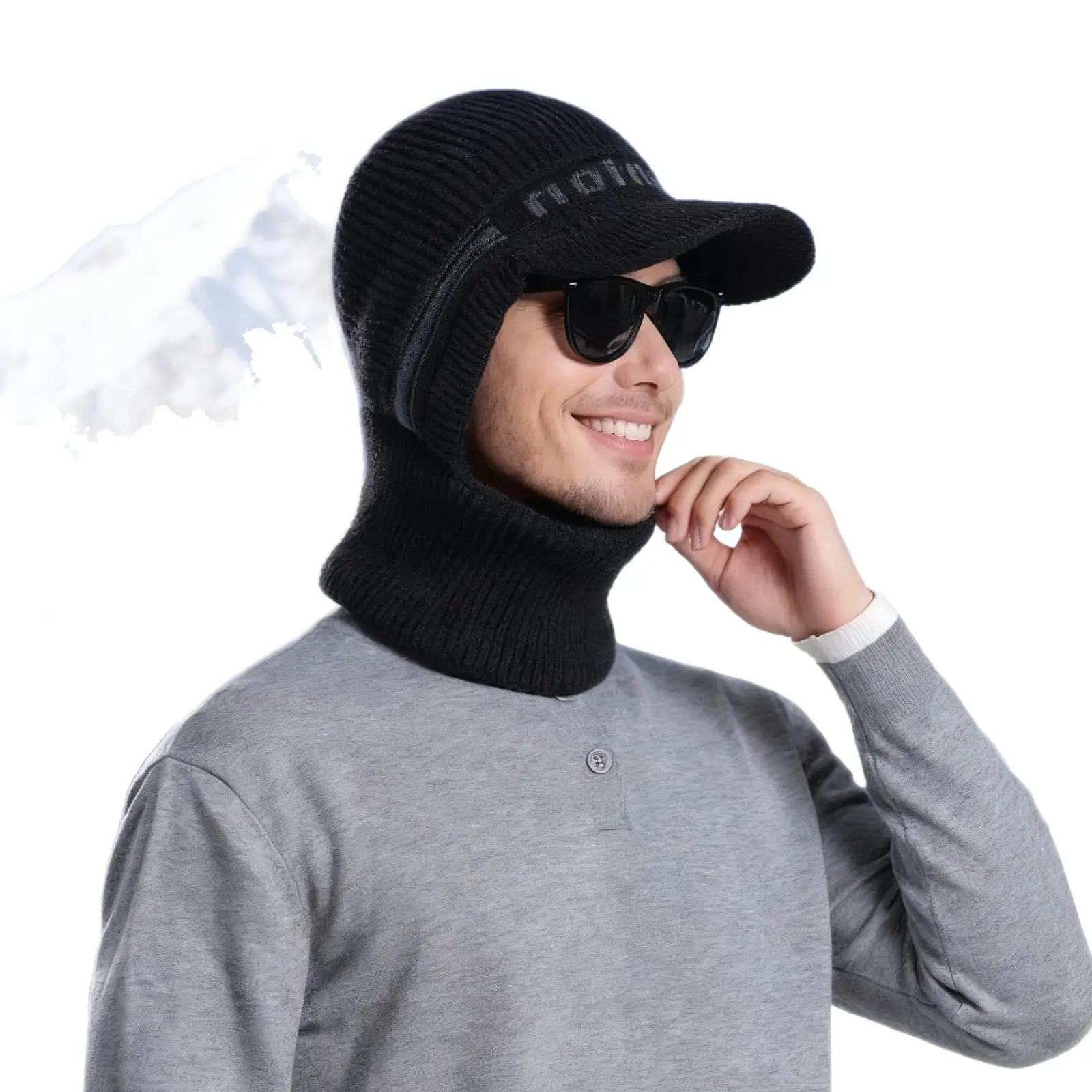 Winter Men's Black Knitted Hat with Neck Warmer & Baseball Cap - Image 9