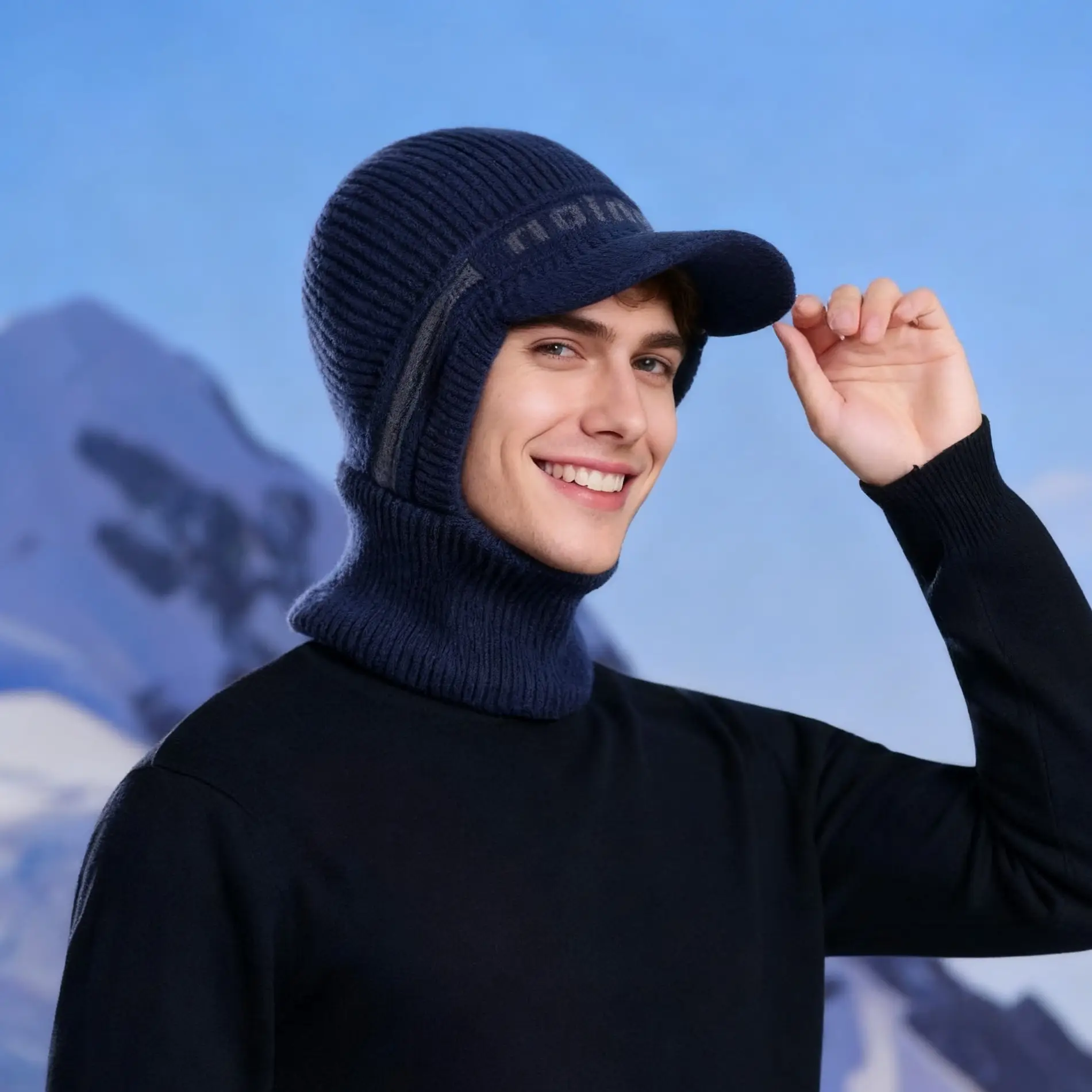 Winter Men's Black Knitted Hat with Neck Warmer & Baseball Cap — feature 1
