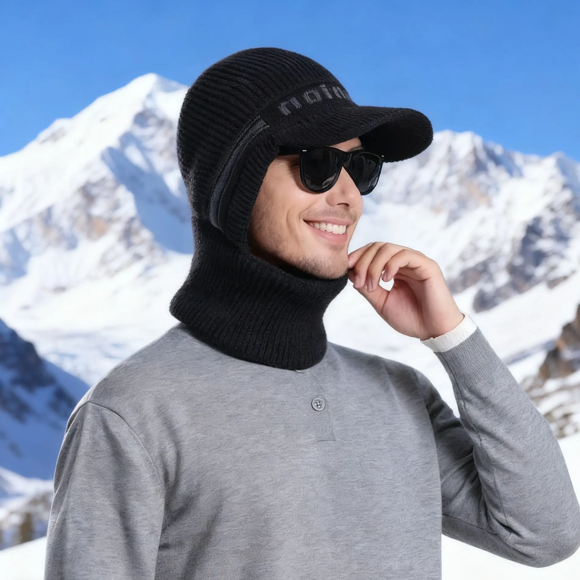 Winter Men's Black Knitted Hat with Neck Warmer & Baseball Cap — feature 10