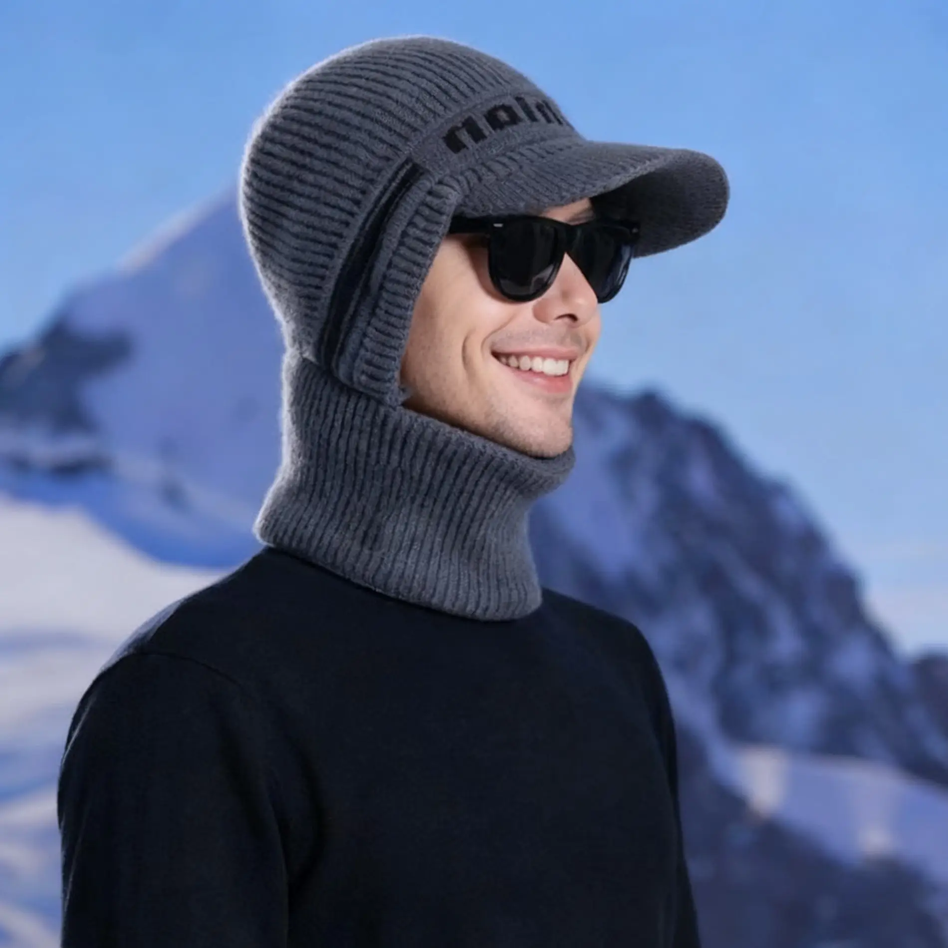 Winter Men's Black Knitted Hat with Neck Warmer & Baseball Cap — feature 2