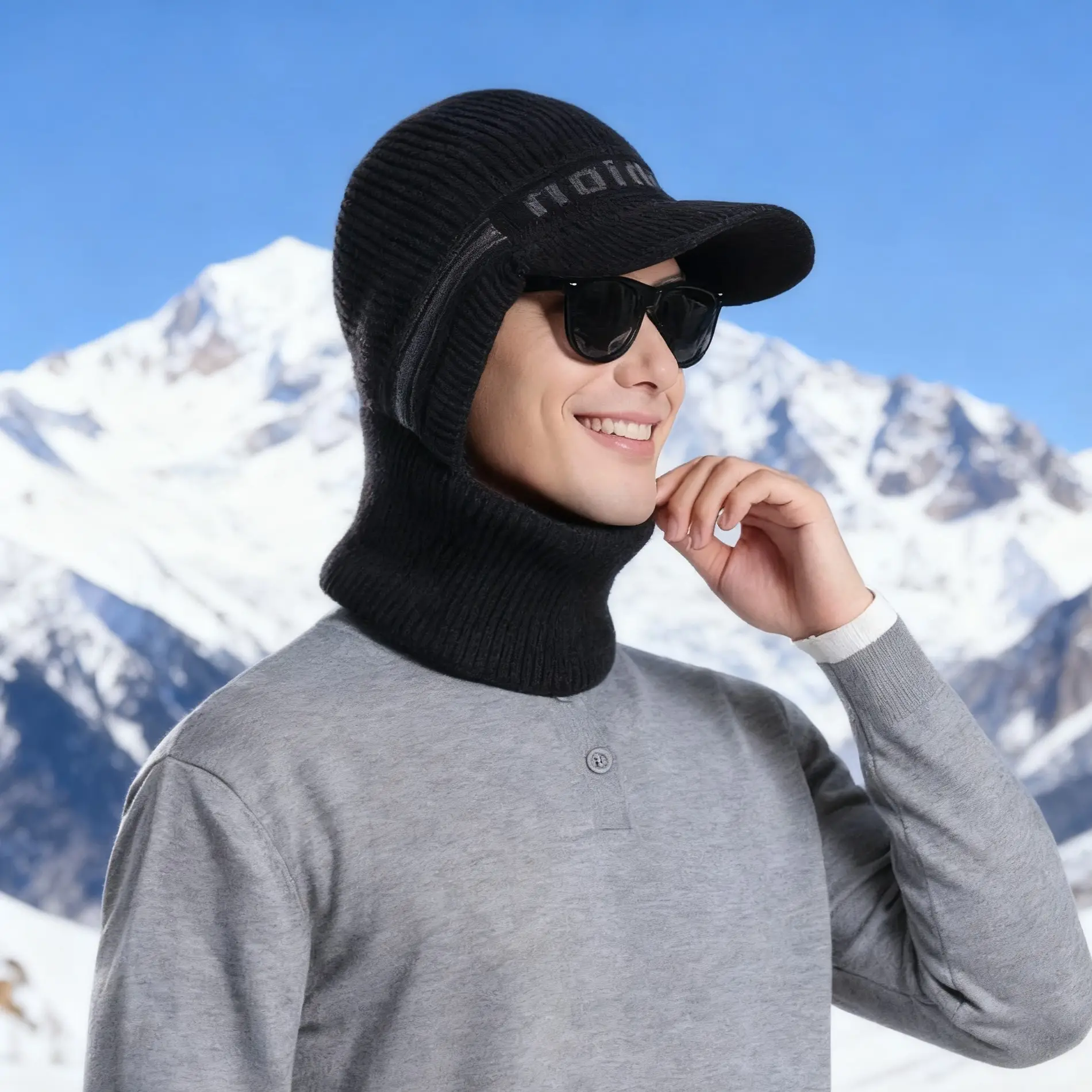Winter Men's Black Knitted Hat with Neck Warmer & Baseball Cap — feature 4