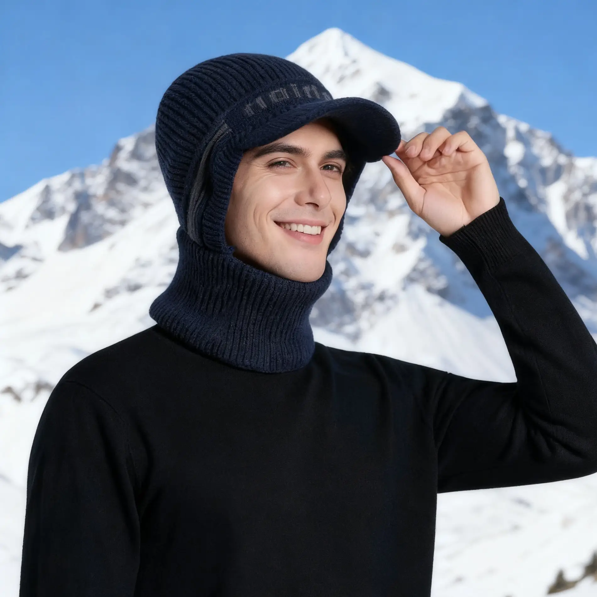 Winter Men's Black Knitted Hat with Neck Warmer & Baseball Cap — feature 5