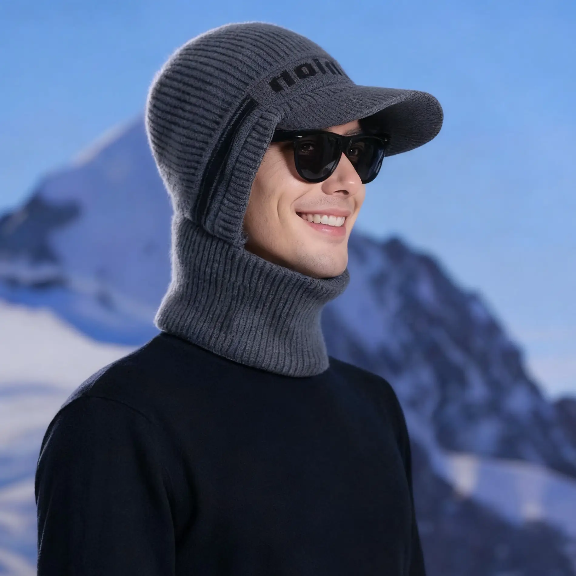 Winter Men's Black Knitted Hat with Neck Warmer & Baseball Cap — feature 7