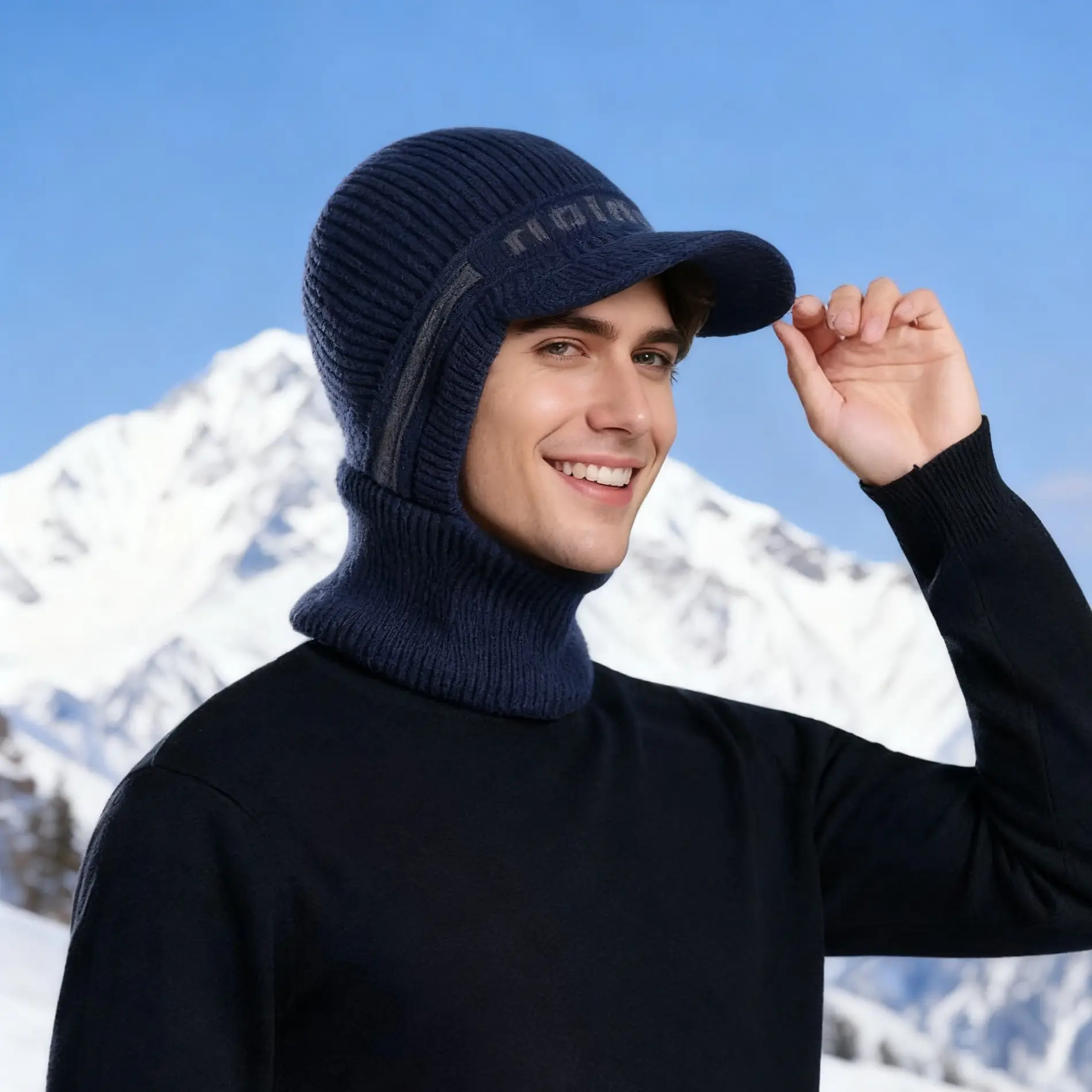 Winter Men's Black Knitted Hat with Neck Warmer & Baseball Cap — feature 8