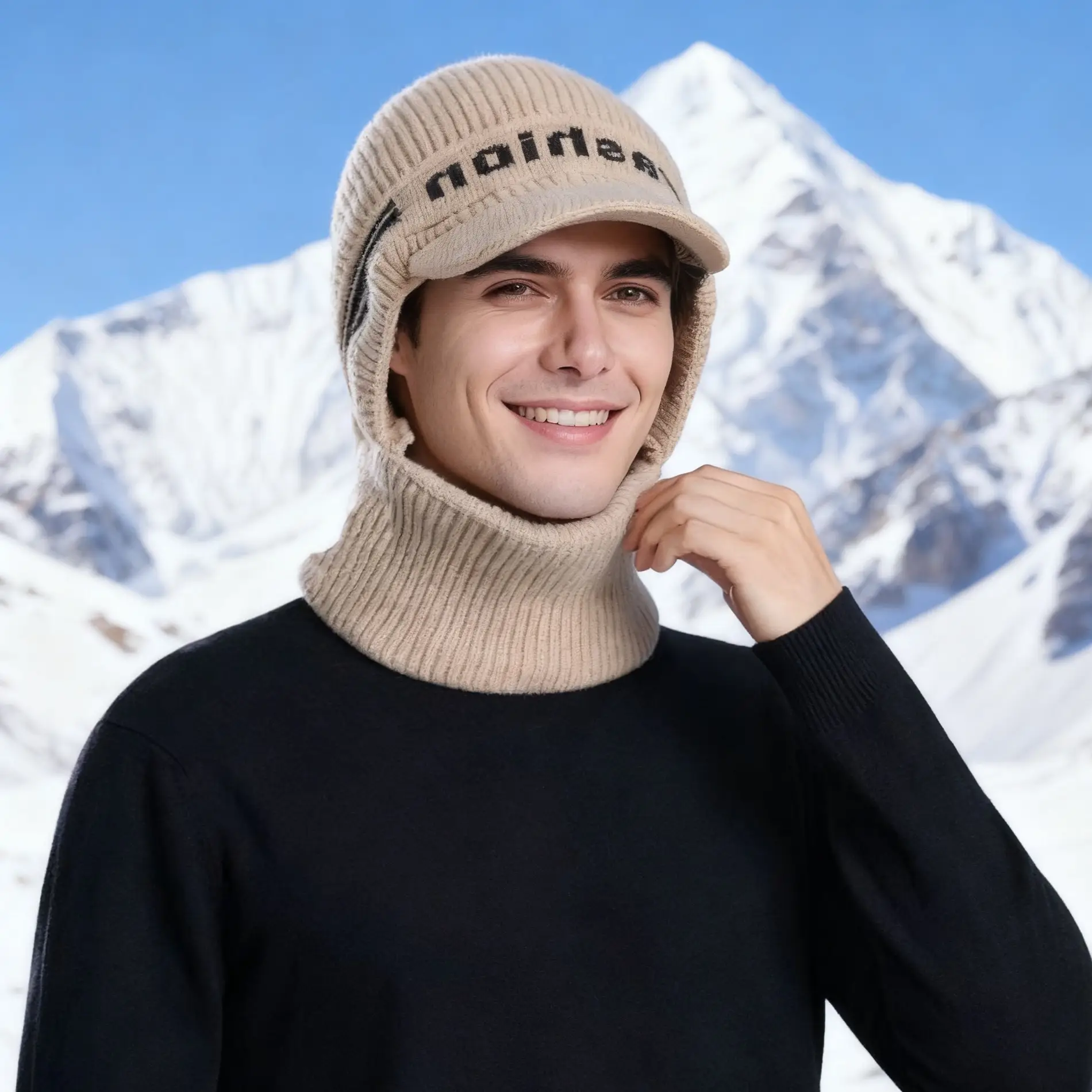 Winter Men's Black Knitted Hat with Neck Warmer & Baseball Cap — feature 9