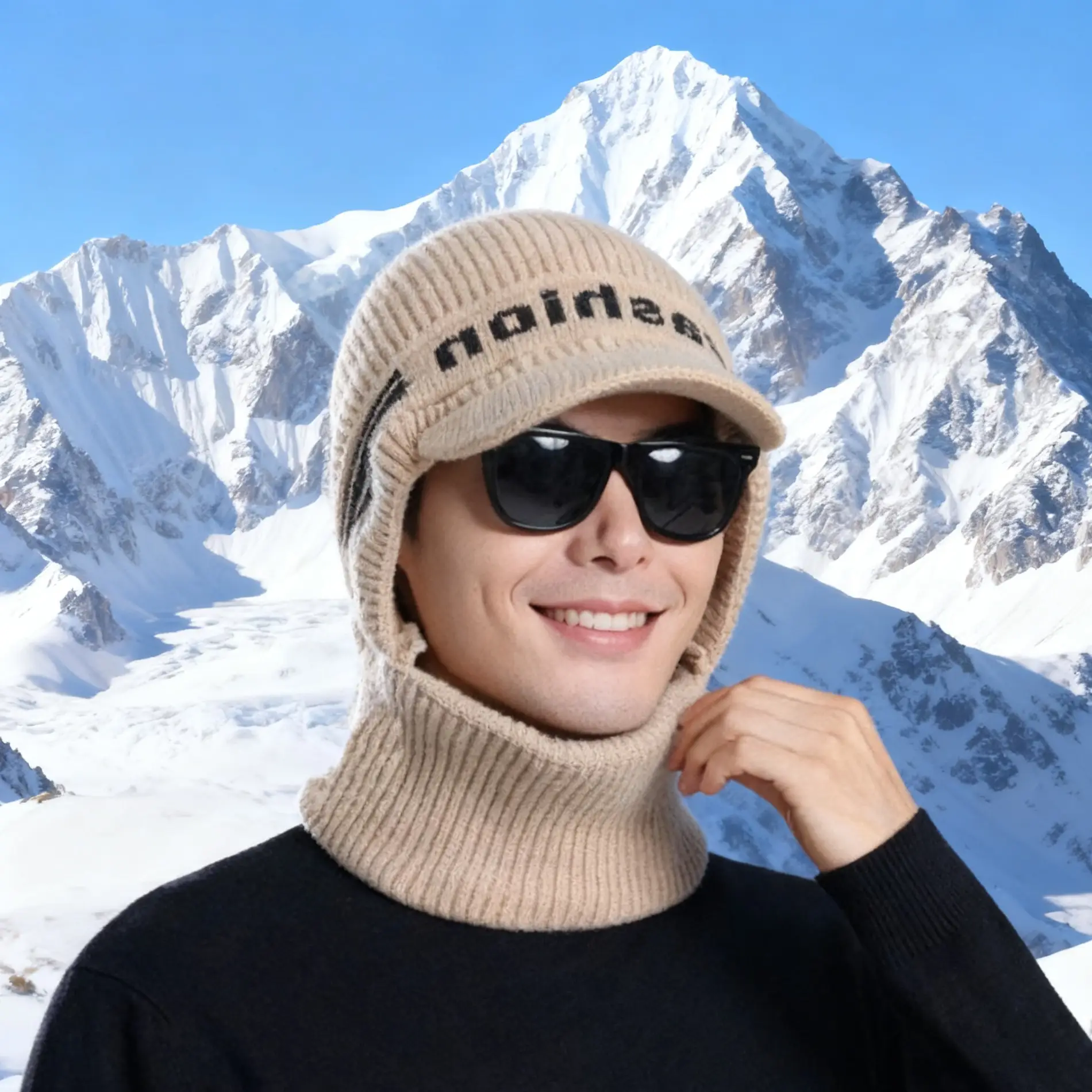 Winter Men's Black Knitted Hat with Neck Warmer & Baseball Cap - Image 3