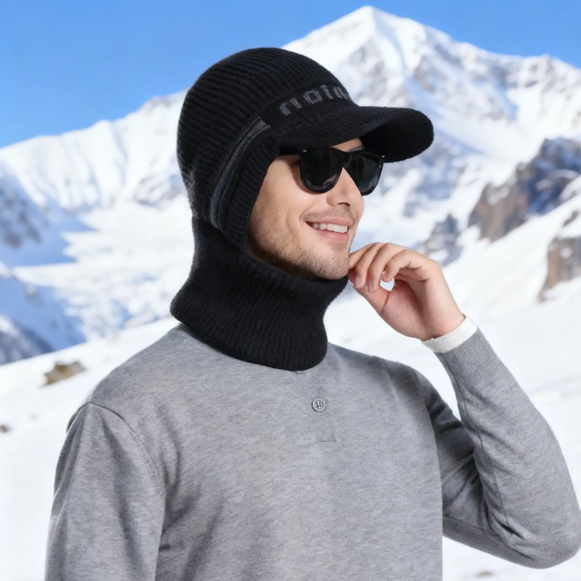 Winter Men's Black Knitted Hat with Neck Warmer & Baseball Cap - Image 4