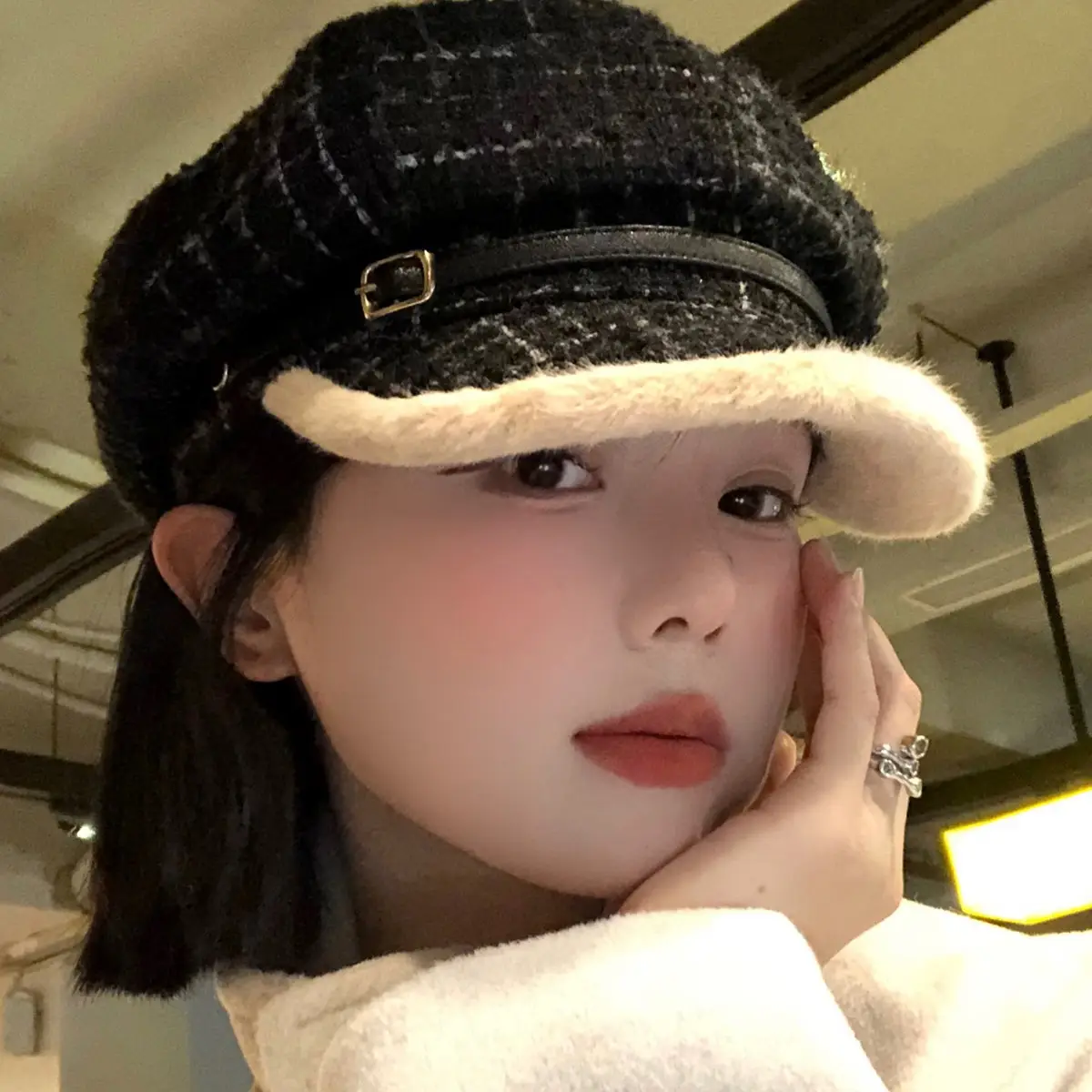 Women Plaid Warm Beret Hat Large Circumference - Image 3