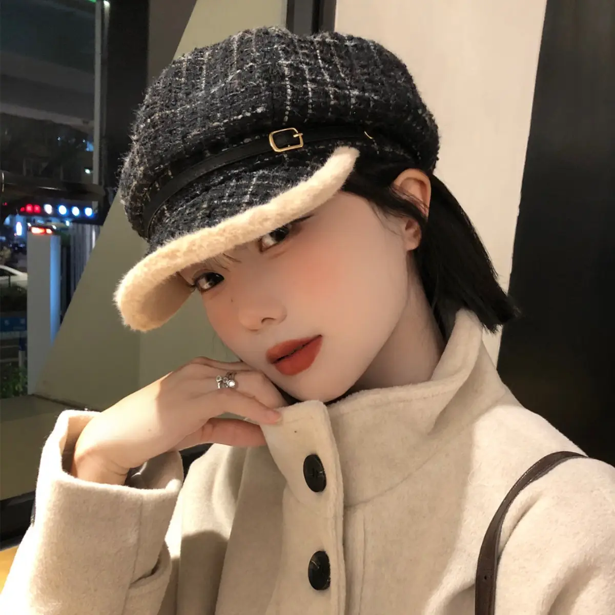 Women Plaid Warm Beret Hat Large Circumference - Image 5