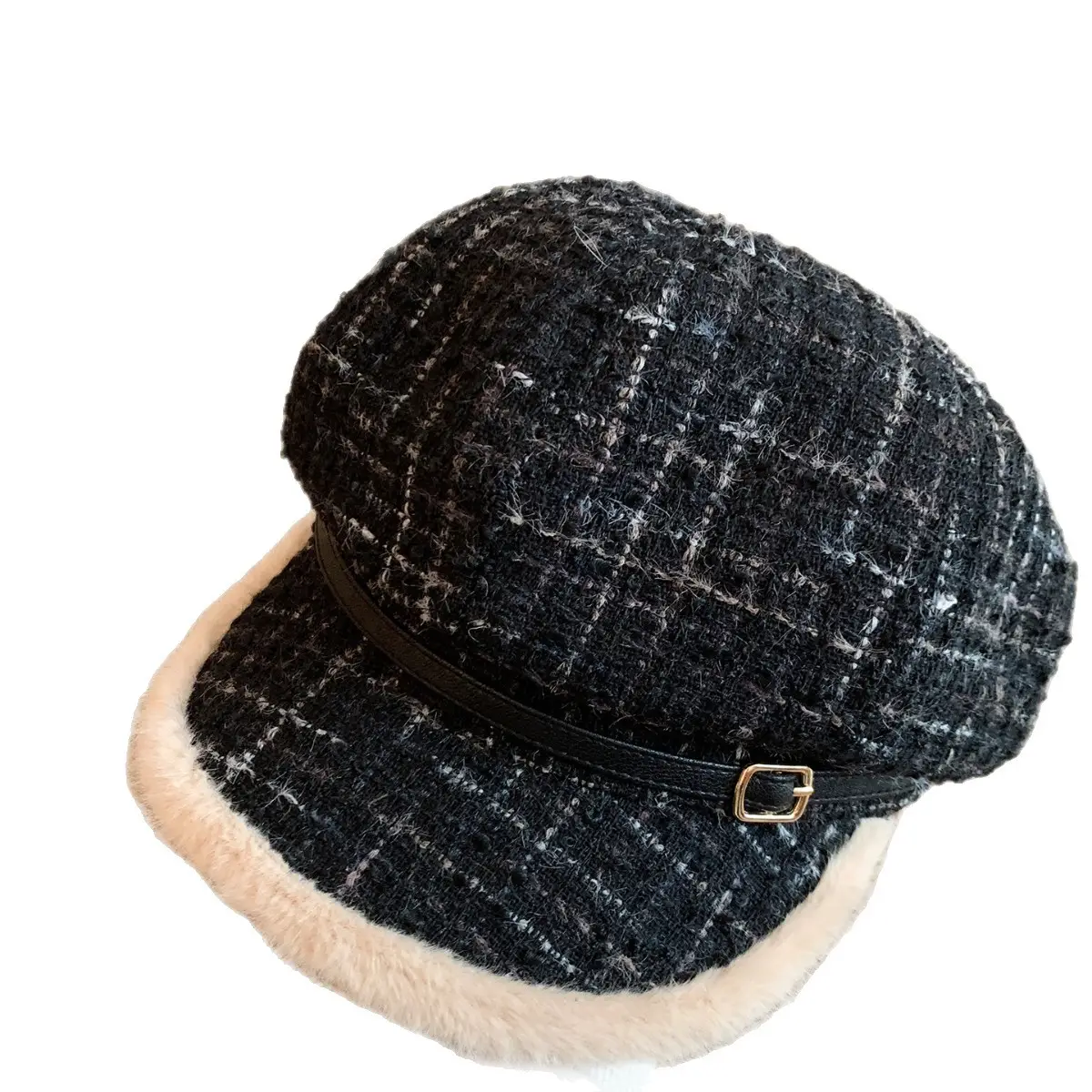 Women Plaid Warm Beret Hat Large Circumference - Image 6