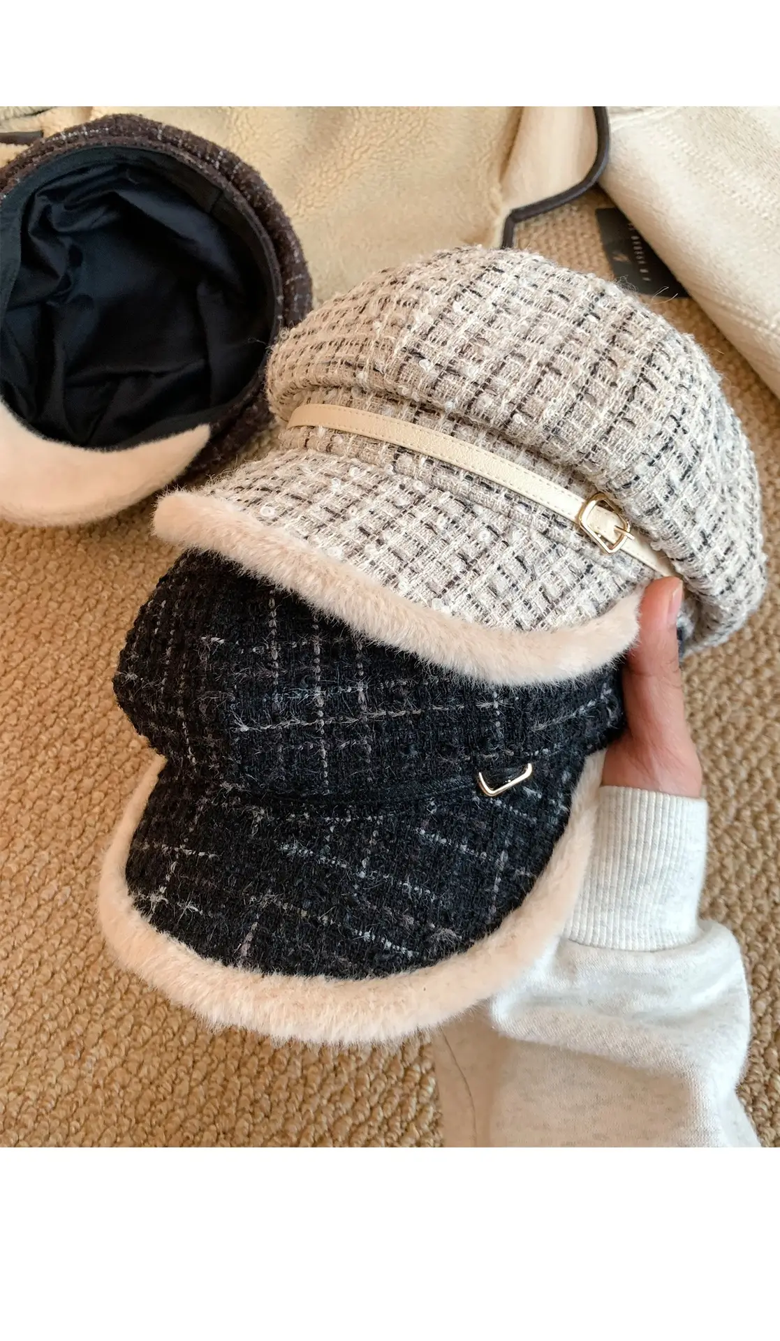 Women Plaid Warm Beret Hat Large Circumference — feature 10