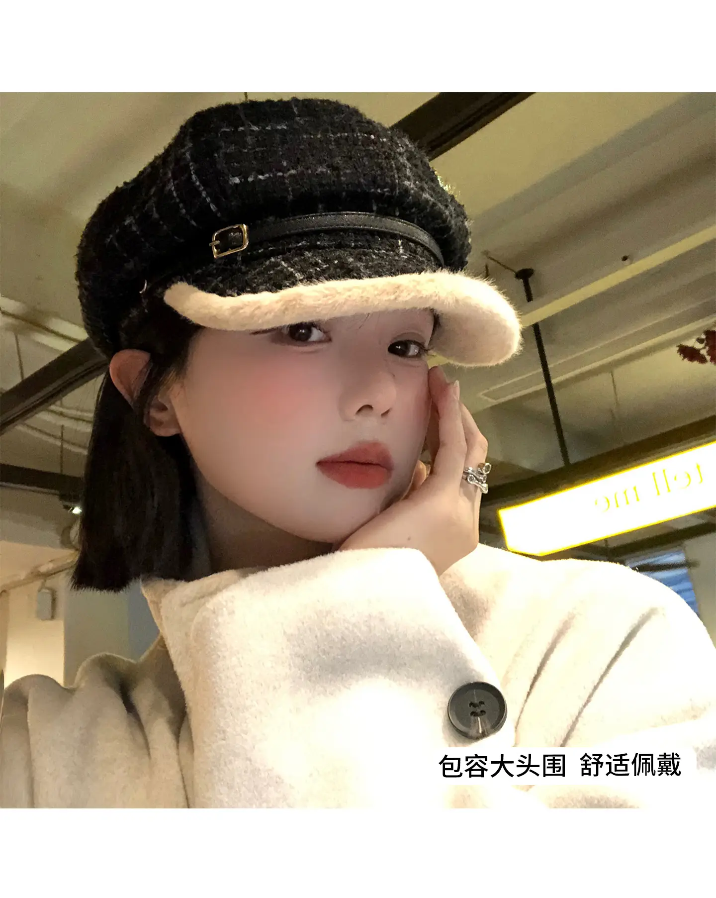 Women Plaid Warm Beret Hat Large Circumference — feature 8