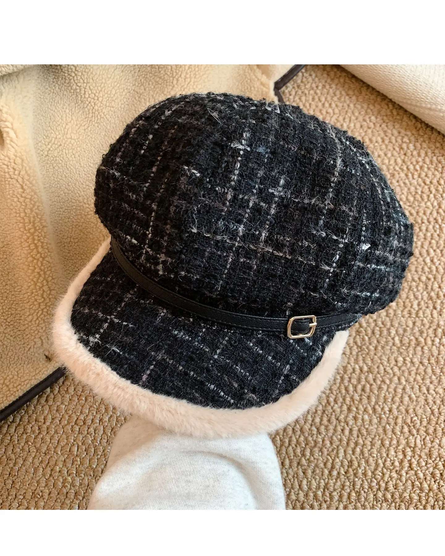 Women Plaid Warm Beret Hat Large Circumference — feature 9