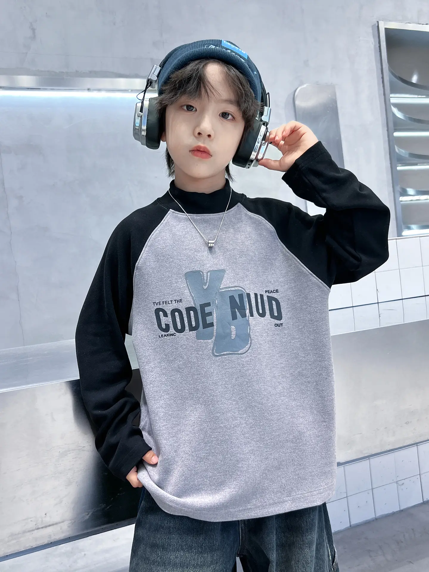Boys Code Nido Half Turtleneck Shirt Grey Black Winter 2025 - Image 4