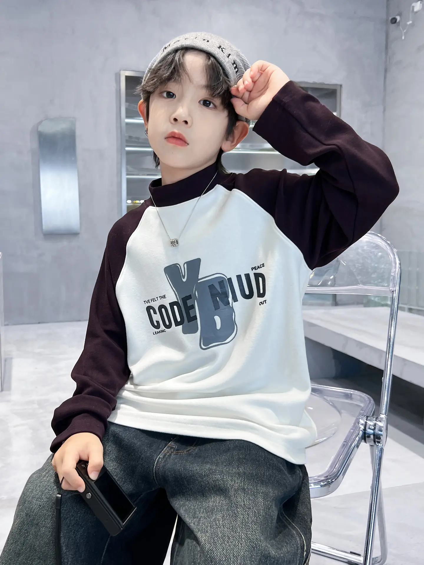 Boys Code Nido Half Turtleneck Shirt Grey Black Winter 2025 - Image 5