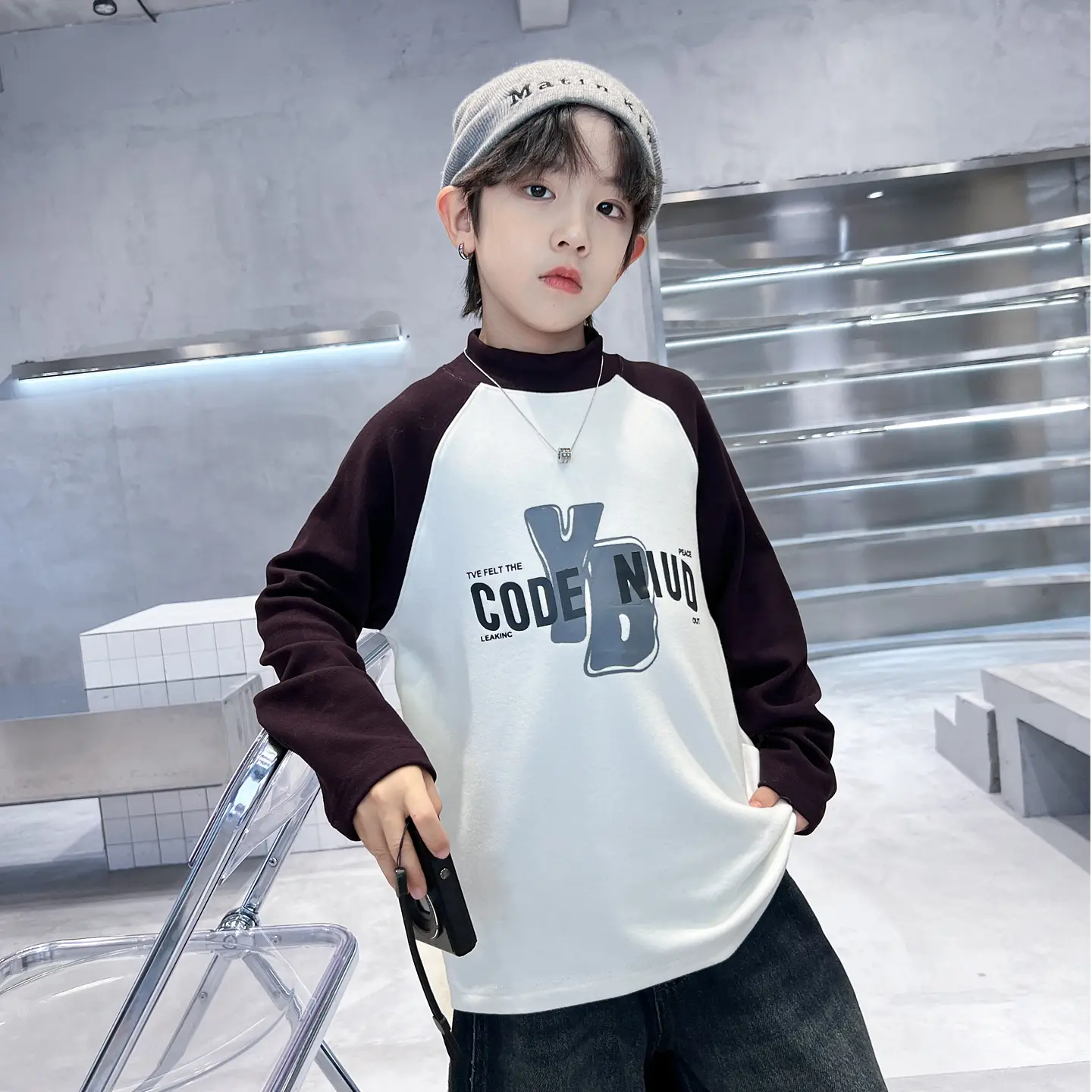 Boys Code Nido Half Turtleneck Shirt Grey Black Winter 2025 - Image 2