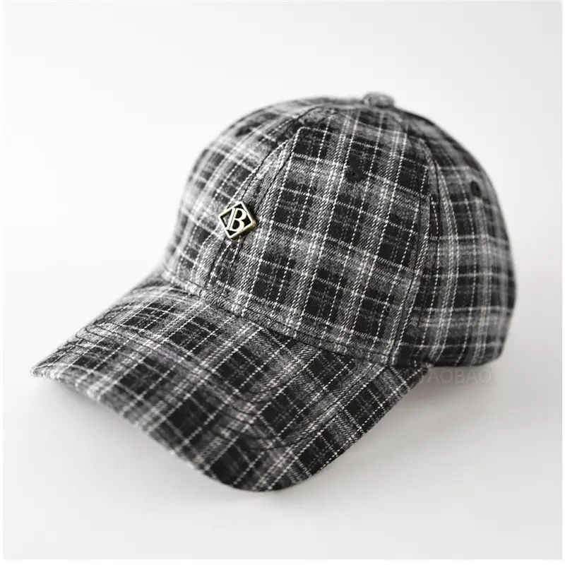 Men Plaid Baseball Cap with Logo - Image 3