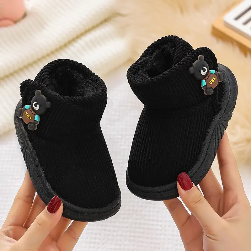 Black Floral Embellished Baby Slippers Winter Warm