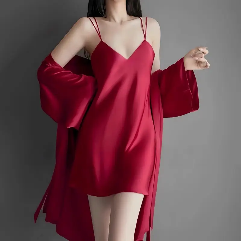 Summer Deep V Cross Backless Temptation with Breast Pad Nightgown Ice Silk Pajamas Women's Spring & Fall Suspender Nightgown Two-Piece Set — feature 16