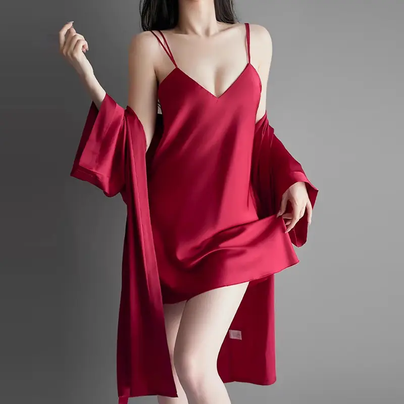 Summer Deep V Cross Backless Temptation with Breast Pad Nightgown Ice Silk Pajamas Women's Spring & Fall Suspender Nightgown Two-Piece Set — feature 17