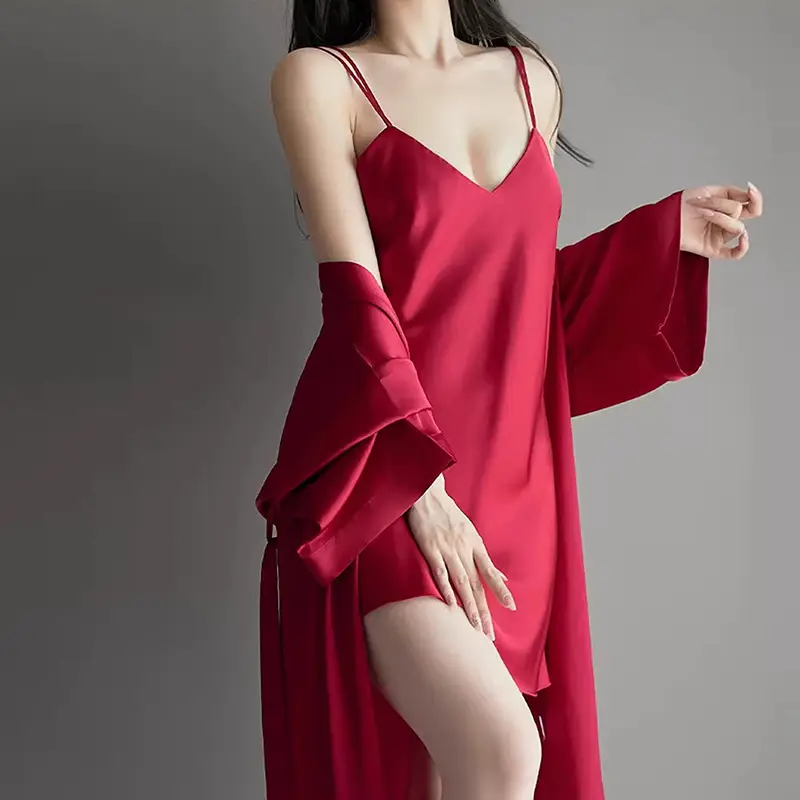 Summer Deep V Cross Backless Temptation with Breast Pad Nightgown Ice Silk Pajamas Women's Spring & Fall Suspender Nightgown Two-Piece Set — feature 18