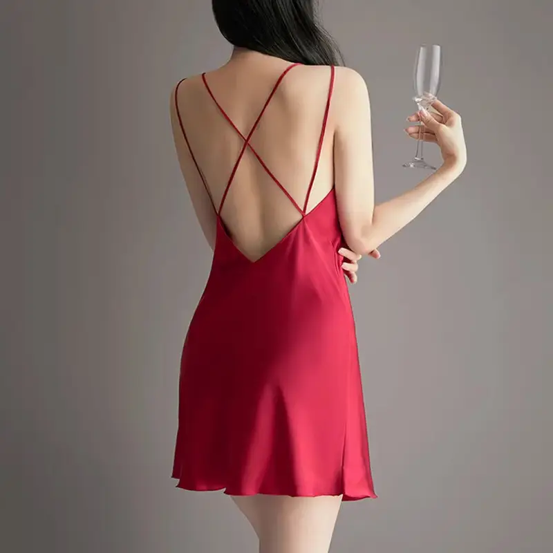 Summer Deep V Cross Backless Temptation with Breast Pad Nightgown Ice Silk Pajamas Women's Spring & Fall Suspender Nightgown Two-Piece Set — feature 21